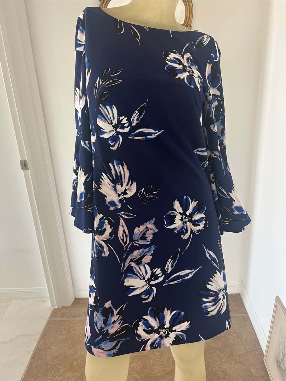 Eliza J Navy Floral Midi Dress with Pink & White Blooms